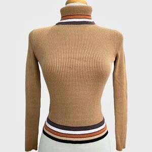 Vintage Mexx Camel Ribbed Striped Turtleneck Sweater 100% Cotton Y2K Small